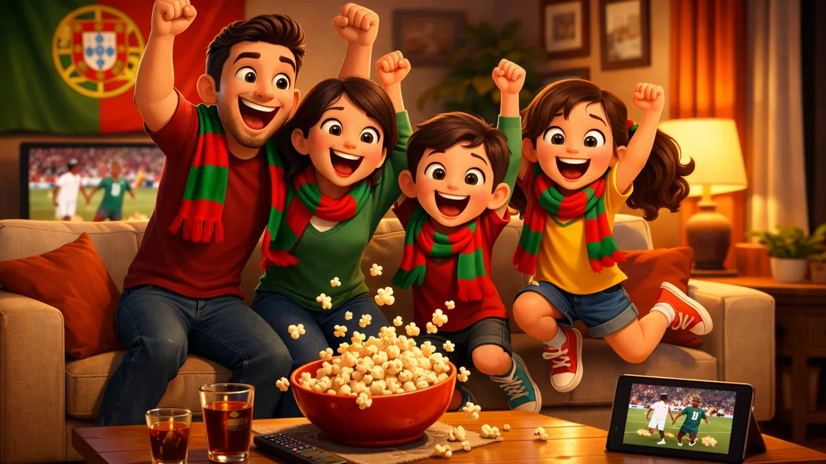 Comece hoje com a IPTV Portugal List: família a festejar um golo em frente à televisão