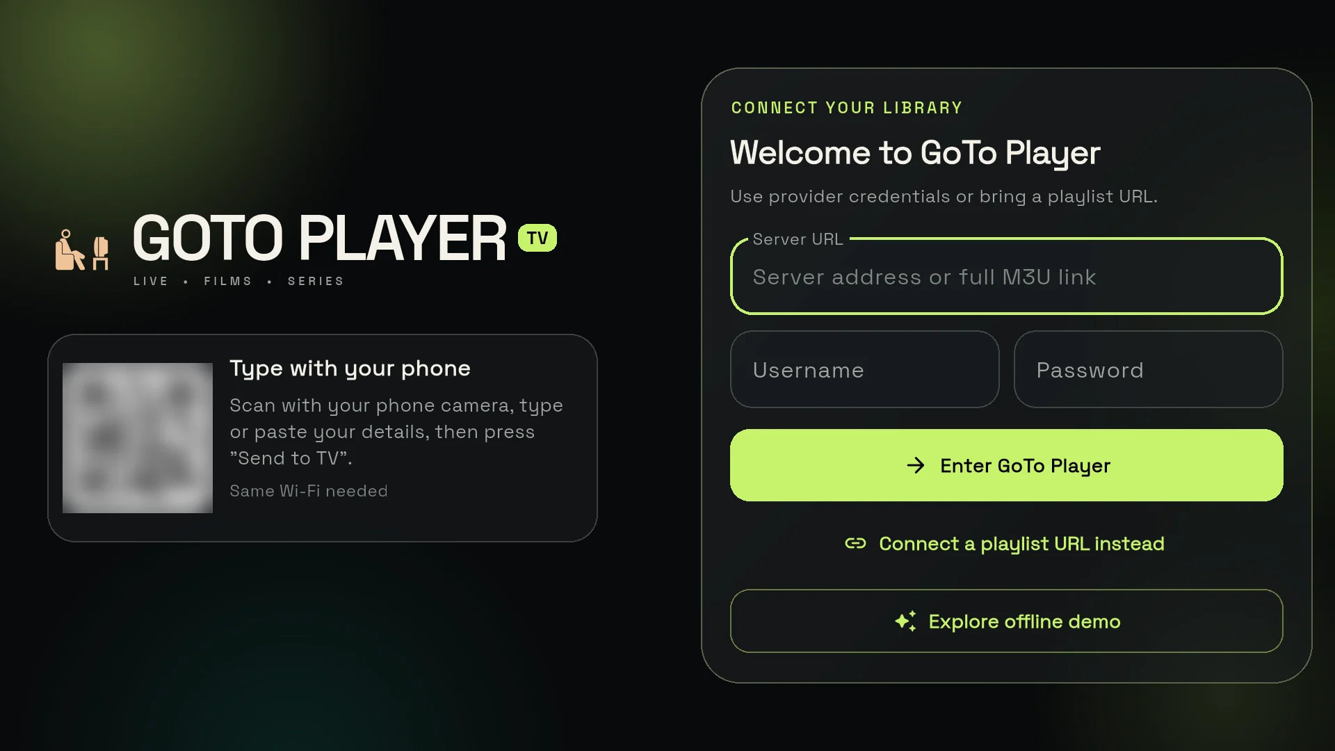 Início de sessão no GoTo Player na TV com o telemóvel e um código QR, gratuito para os clientes do seu negócio IPTV