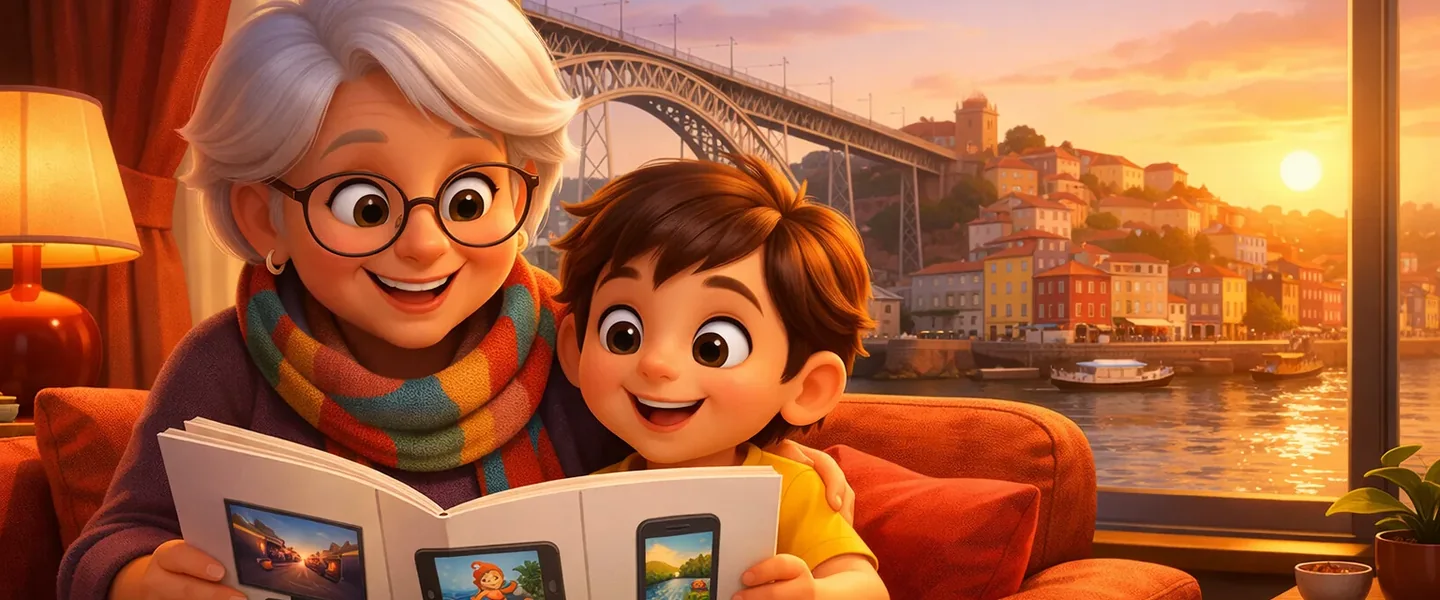 Guias IPTV Portugal: avó e neto a ver um guia ilustrado numa casa da Ribeira do Porto