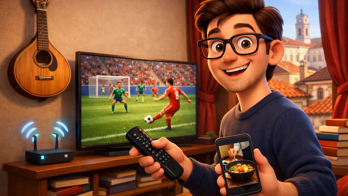 IPTV Portugal, tudo o que precisa de saber: jovem a configurar a Smart TV num quarto de estudante em Coimbra