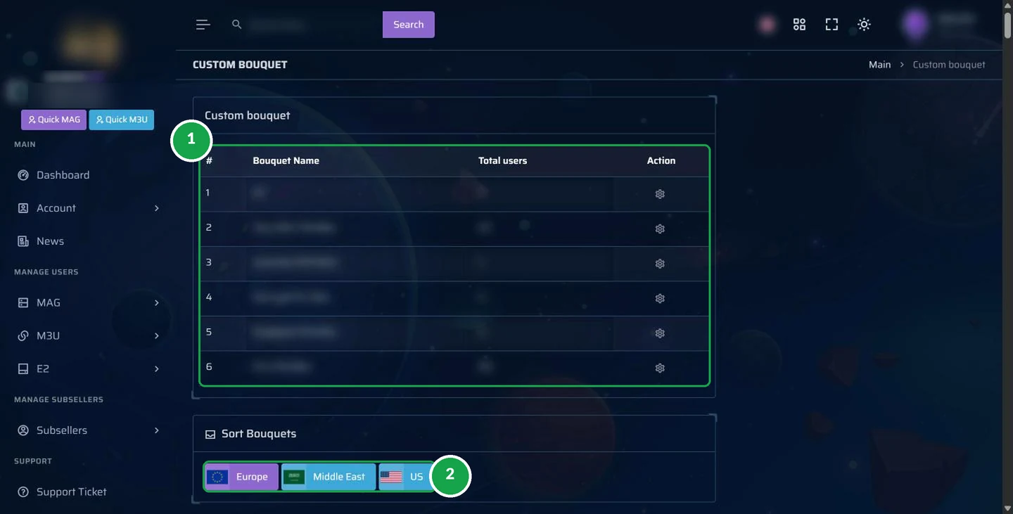 Bouquets personalizados no painel de revenda IPTV: grupos de canais por região (dados privados ocultos)
