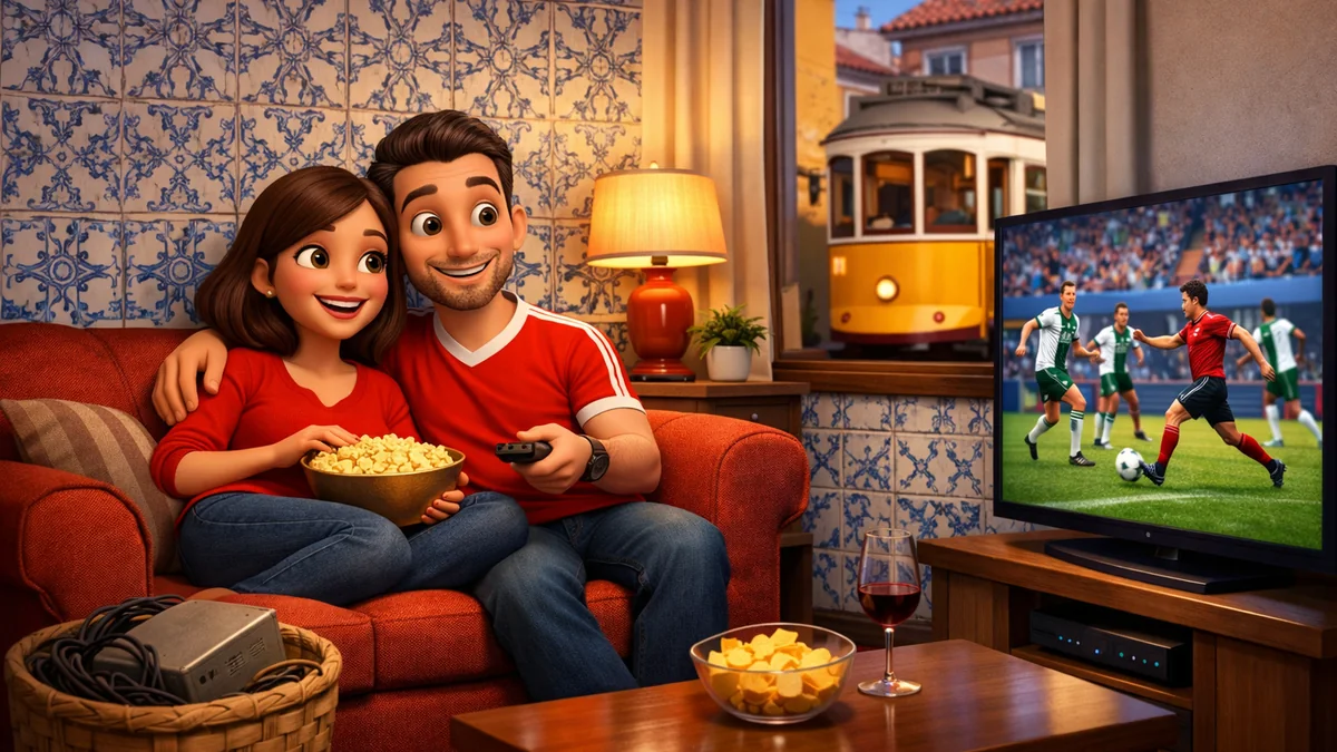 Porque escolher a IPTV Portugal List: casal no sofa a ver futebol na Smart TV, com os cabos antigos esquecidos num cesto