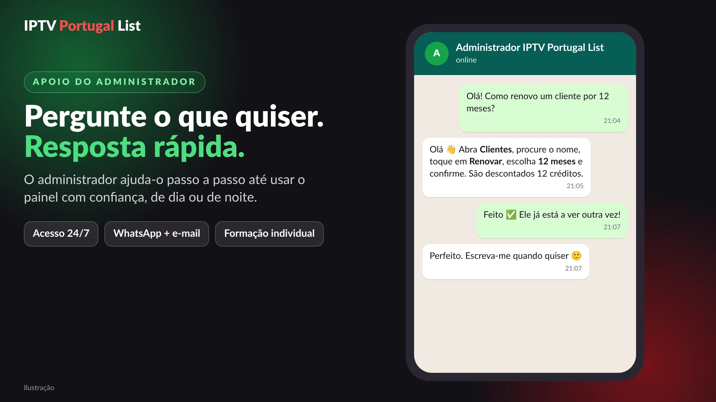 Apoio ao negócio IPTV: o administrador responde aos revendedores por WhatsApp, passo a passo (ilustração)