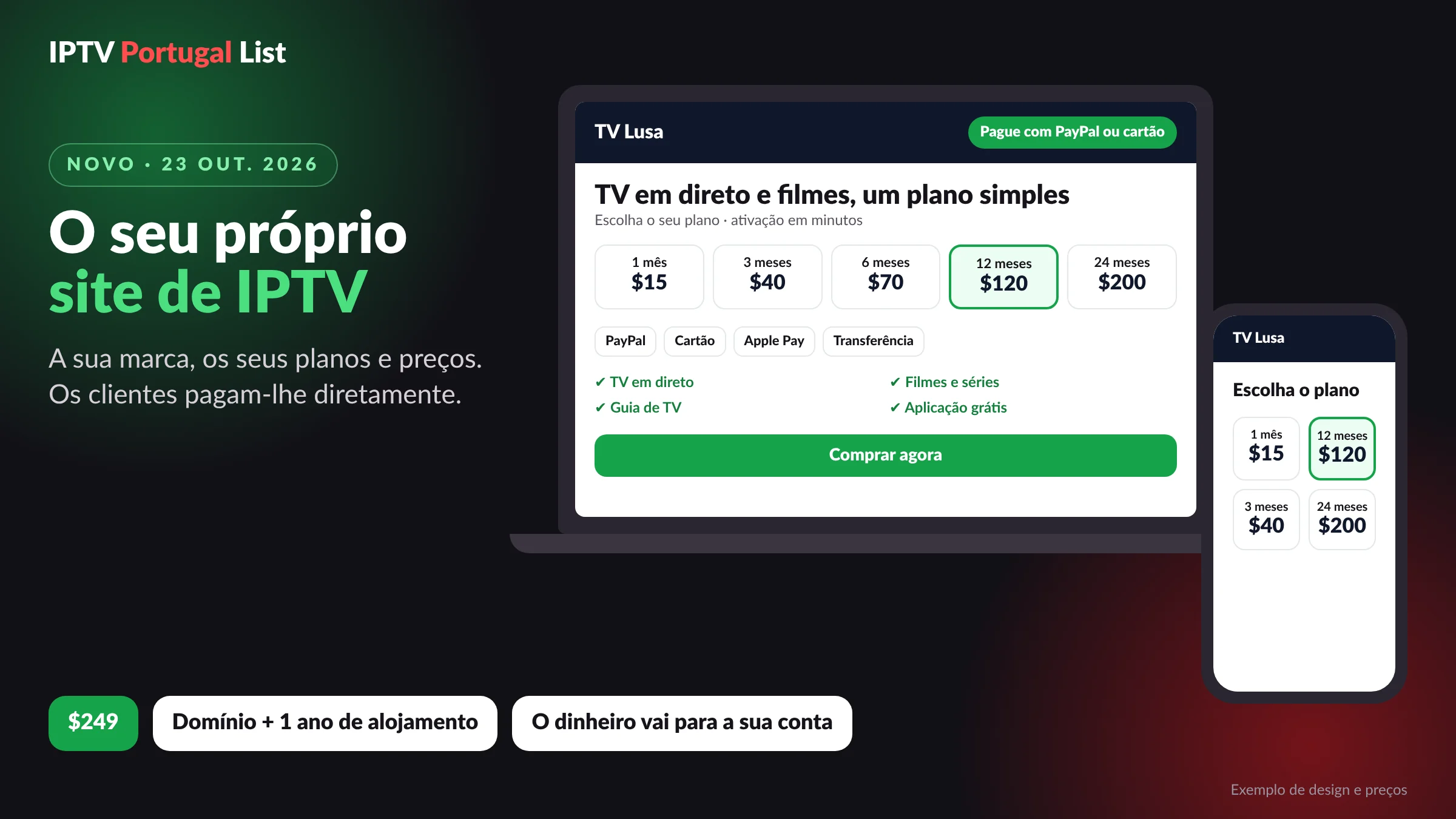 Site IPTV para revendedores: a sua própria loja com planos e pagamentos, $249